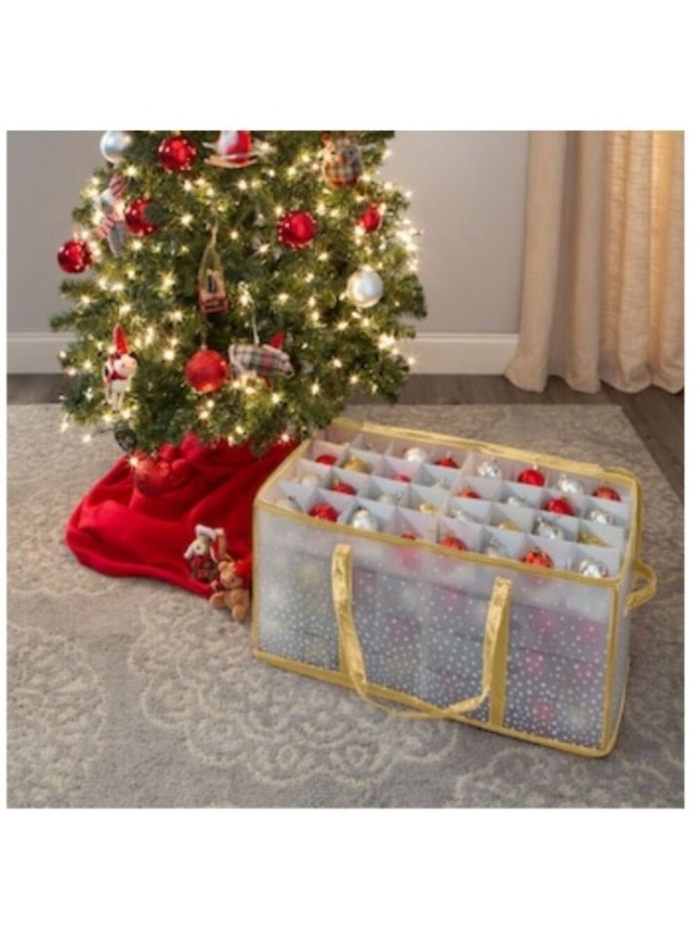 Simplify Ornament Storage Tote 128-Count with Dividers Durable Polka Dot Design